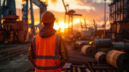 Worker in Orange Safety Vest and Helmet Overseeing Steel Shipyard at Sunset, Cranes Working in the Background with Rolls of Raw Iron Material