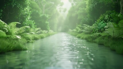 Wall Mural - A lush green forest with a river running through it