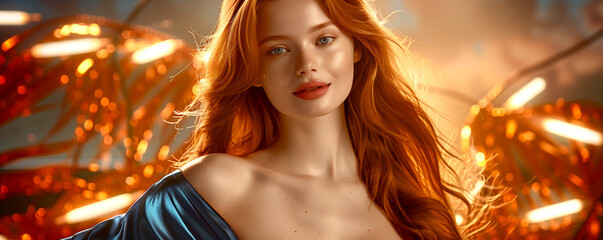 Wall Mural - A woman with red hair is wearing a blue dress and smiling. The image has a warm, inviting mood and is likely meant to evoke feelings of happiness and positivity