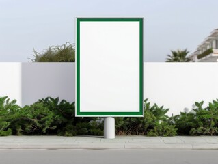 Blank outdoor billboard with green frame standing in front of a white wall and greenery, perfect for advertising or promotional content.