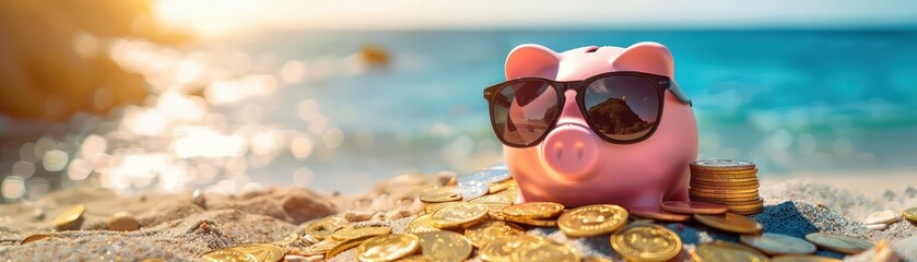 A piggy bank wearing sunglasses on a sandy beach, surrounded by gold coins, symbolizing summer vacation savings and financial planning.