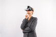 © InfiniteFlow - Businesswoman thinking about marketing plan while wearing VR glasses at white background. Manager checking at financial graph while using visual reality goggles. Innovation technology. Contraption.