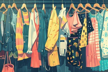 Wall Mural - Vibrant display of various clothes hanging on racks in a boutique