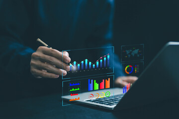 Wall Mural - analyst manages the system database, analytics business and reports on the computer. concept of analysis data plans shows a dashboard chart, research on platform digital technology