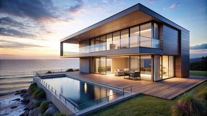 Poster - Modern seaside house with sleek design, large windows, and stunning ocean views, seaside, modern, house, architecture, design