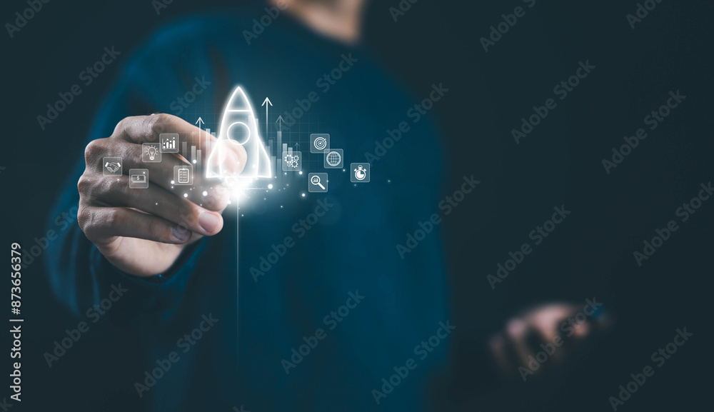 launch rocket start flying up. concept of strategy startup growth. idea ...