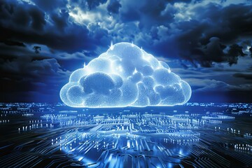 Poster - Futuristic glowing cloud hovers above a cityscape of circuits under a night sky