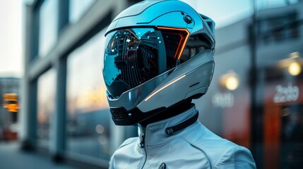 Poster - Head of a man wearing a white futuristic helmet, Futuristic smart helmet with HUD, wearable tech, advanced safety gear