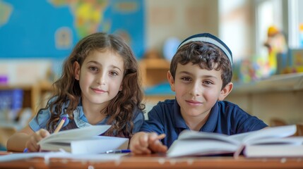 A Jewish boy and girl studying together in a Hebrew school classroom. 