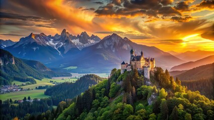 Sticker - Sunset over the majestic mountains with a castle in the foreground, sunset, mountains, castle, landscape, view, scenic, dusk