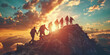 © khonkangrua - A group of hikers climbs a mountain at sunrise, showcasing teamwork, adventure, and the beauty of nature.