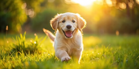 Sticker - Playful golden retriever puppy playing in a sunlit grassy meadow, puppy, canine, animal, pet, golden retriever, adorable, cute, playful