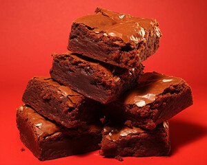 Delicious homemade chocolate brownies stacked against a vibrant red background, showcasing their rich and fudgy texture.