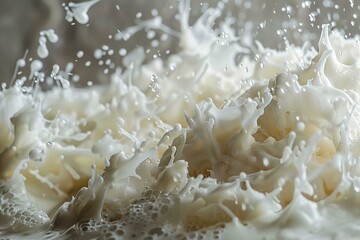 Canvas Print - Closeup highspeed photography of dynamic milk splash with liquid motion, white splashing, and fluid movement. Perfect for illustrating the healthy and natural aspects of this refreshing beverage