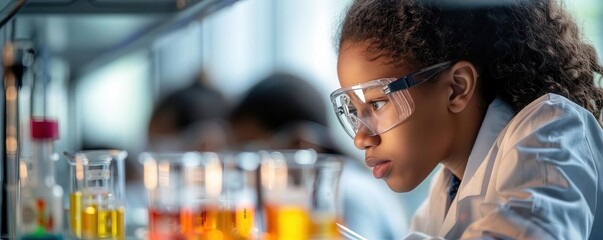 Young scientist conducting an experiment in a laboratory with test tubes and safety glasses.