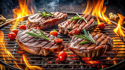 Poster - Grilled meat sizzling on the grill , barbecue, cooking, grilling, flames, smoke, delicious, meal, steak, food, outdoor, summer, heat, sear