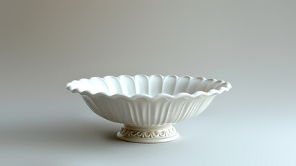 white bowl distinguished by its elegant simplicity and superior craftsmanship, notable for its large round base. Positioned on table in studio setup, gentle lighting accentuates its fine details.