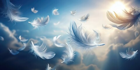 Poster - Feathers floating gracefully in the air , light, delicate, bird, flight, soft, airy, elegant, beauty, wing, nature, abstract