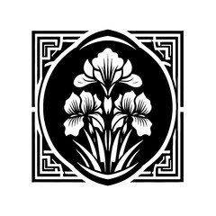 Irises flower in decorative emblem ornament, Victorian, art deco, art nouveau, boho, bohemian,  folk, flourish