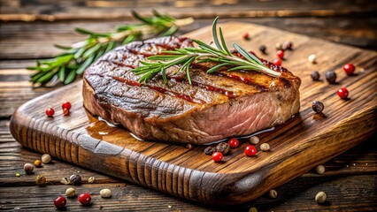 Sticker - Close-up of succulent cooked beef steak with grill marks on a wooden cutting board , grilled, juicy, savory, meat, protein