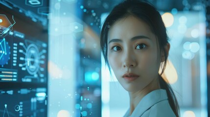 Poster - The picture of the asian professional female scientist researcher working inside the laboratory analyzing the samples, the researcher require skills like experience and good research methods. AIG43.