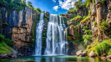 Sticker - Majestic waterfall cascading down rocky cliffs, waterfall, majestic, powerful, nature, cascade, rocks, mist, flow