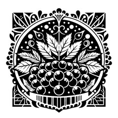 Elderberry fruit in decorative emblem ornament, Victorian, art deco, art nouveau, boho, bohemian,  folk, flourish