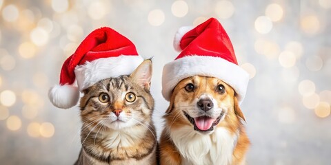 Poster - Dog and cat wearing Santa Claus hats while celebrating Christmas together , pets, animal, dog, cat, Santa Claus hat