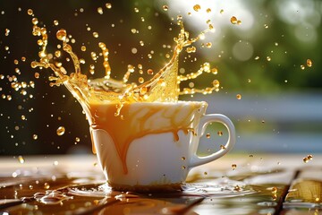 Wall Mural - Dynamic image of a coffee splash from a cup on a table, with sunlight backlighting