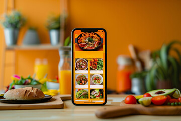 Poster - phone displaying a menu of food items. The phone is placed on a table with a variety of food items, including a sandwich, a bowl of soup, and a plate of vegetables. The table is set with a knife
