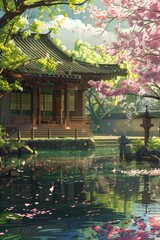 Poster - An anime scene of a hanok with a serene pond and flowering trees, where sunlight sparkles on the water and petals float gently.