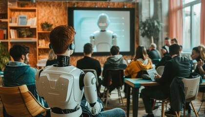 Wall Mural - Man and AI robot present in modern library, highlighting innovation and technology in professional setting AIG62