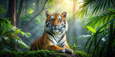 Wall Mural - majestic tiger in the lush forest setting, tiger, forest, wild, animal, nature, predator, big cat, s