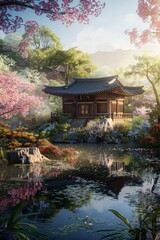 Sticker - An artistic depiction of a hanok by a pond, surrounded by blooming flowers and trees, with sunlight streaming in.