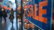 © ImagePulse - Closeup of a sale sign in a store window with blurred shoppers in the background, leaving room for promotional text