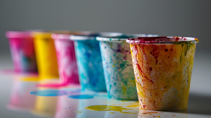 A row of colorful cups sitting on top of a table