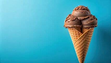 Canvas Print - Two scoops of Chocolate ice cream on top of an ice cream cone with a blue background isolated, chocolate, ice cream, dessert, sweet