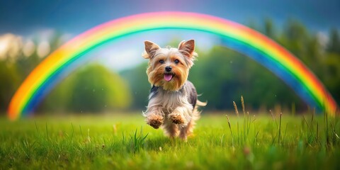 Canvas Print - Yorkshire terrier running playfully in a lush meadow with a rainbow bridge in the background, Yorkshire terrier, dog