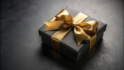 Poster - Elegant black gift box with luxurious golden ribbon bow on dark background, perfect for special occasions and celebrations