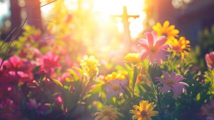 Wall Mural - A joyful depiction of the resurrection of Jesus Christ on Easter morning, with bright flowers and light. 