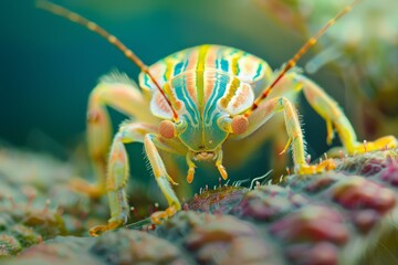 Poster - Closeup of a colorful shield bug nestled among green leaves, showcasing nature's intricate patterns