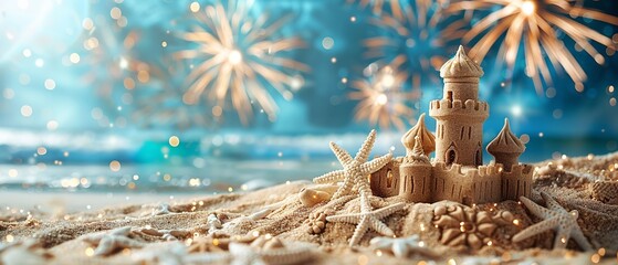 A portrait of a sand castle with a fireworks background on blue sky with a blurry backdrop and space for text or product advertisement, Generative AI.
