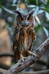 Wall Mural - An owl with wise human eyes perches on a branch, offering sage advice to those who seek knowledge.