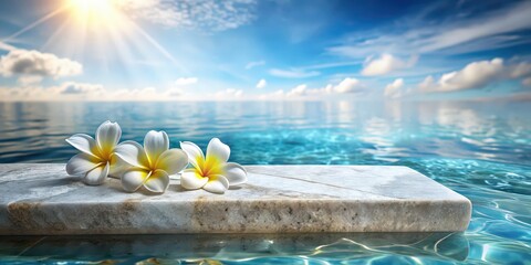 Poster - Marble platform on water with plumeria flowers , marble, platform, water, plumeria, flowers, tropical, serene, tranquil