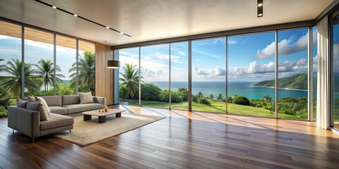 Wall Mural - Modern home with empty living room and panoramic window showcasing tropical view, modern, home, empty, living room