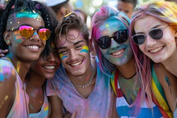 Diverse friends at LGBTQ+ pride event, covered in colorful paint and smiling. Celebrating inclusivity, happiness, and support for LGBTQ+ community. Vibrant and joyful atmosphere with rainbow colors.