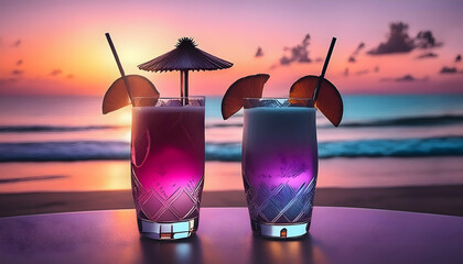 Tropical cocktails with umbrellas on a beach tray at sunset.
Summery beach scene with colorful cocktails and palm trees Vibrant beach cocktails with a tropical sunset view.