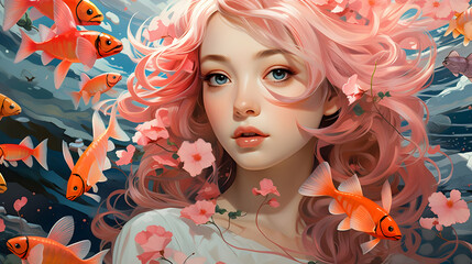 Pink-Haired Girl With Goldfish Illustration