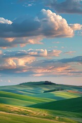 Canvas Print - Clouds drift like cotton candy across the sky, their shapes shifting subtly with the changing light, adding a dynamic element to the otherwise serene backdrop of this breathtaking countryside vista.