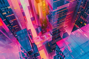 Wall Mural - Colorful abstract image blending modern skyscrapers into a futuristic city concept